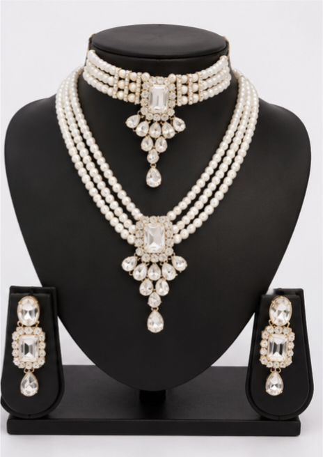 Royal Pearl and Crystal Bridal Jewellery Set for Women | Multi-Layer Necklace with Choker &amp;amp;amp;amp; Earrings