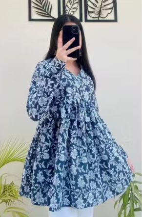 Womens Navy Blue Floral Printed Flared Rayon Top