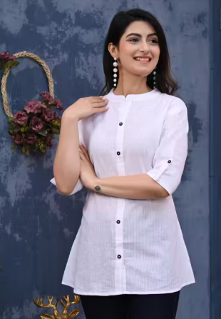 Womens Elegant White Cotton Casual Kurti Top
