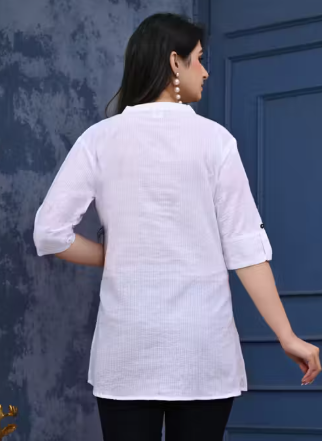 Womens Elegant White Cotton Casual Kurti Top