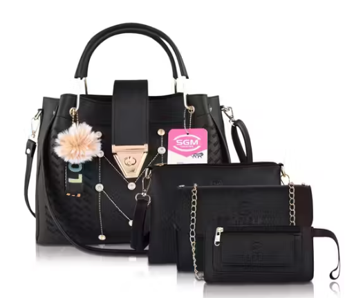 4-Piece Premium Black Women's Handbag Set – Shoulder Bag, Sling Bag, Wallet &amp; Pouch