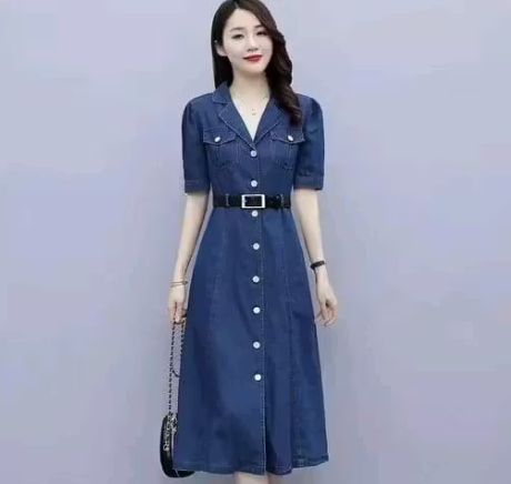 Womens Denim Midi Dress with Belt – Casual Elegant Button-Down A-Line Dress