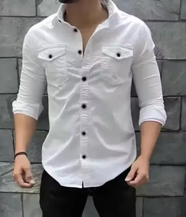 Stylish Mens Double Pocket Slim Fit Casual Shirt – White