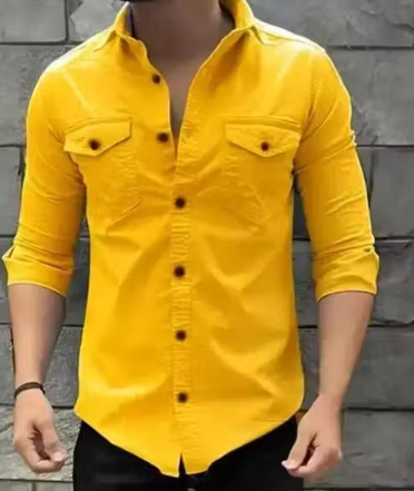 Stylish Mens Double Pocket Slim Fit Casual Shirt – Mustard Yellow