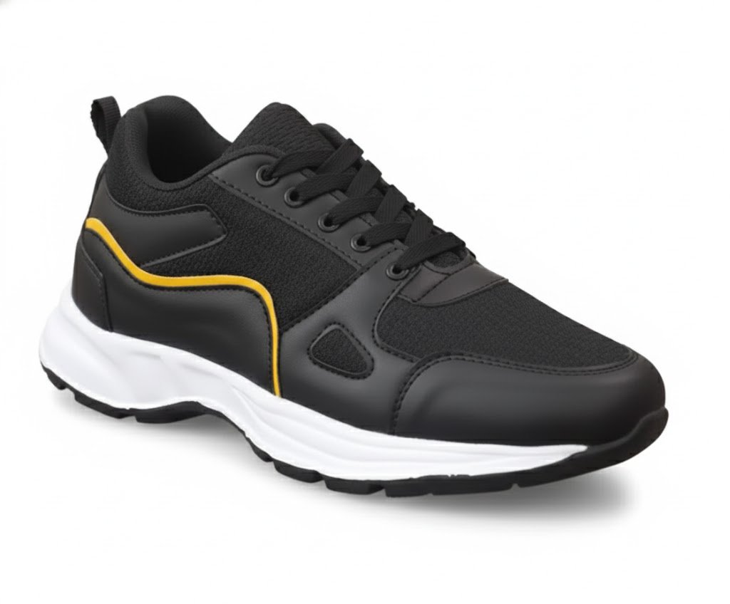 Latest Stylish Men Casual Black Sports Shoes & Sneakers – Lightweight Breathable Mesh Lace-Up Running & Walking Shoes for Daily Wear, Gym & Outdoor Use
