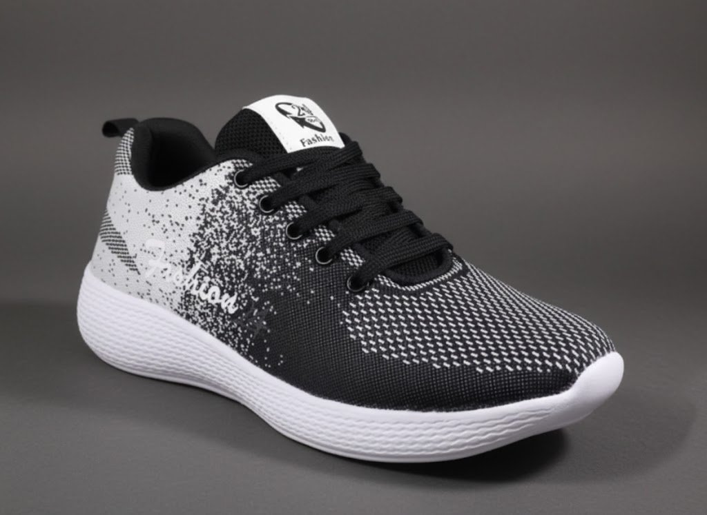 Latest Stylish Men Casual Black and White Sports Shoes & Sneakers – Lightweight Breathable Mesh Lace-Up Running & Walking Shoes for Daily Wear, Gym & Outdoor Use