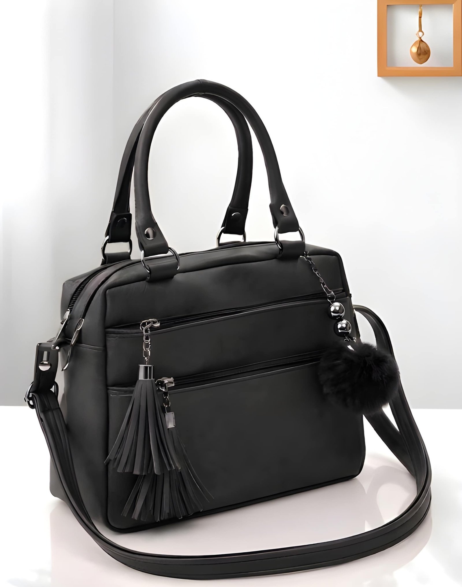 Premium Quality Women’s Stylish Black Handbag | Elegant PU Leather Shoulder & Tote Bag for Ladies | Spacious Multi-Compartment Design with Golden Hardware & Fur Ball Charm | Perfect for Office, Daily Use, Travel & Parties