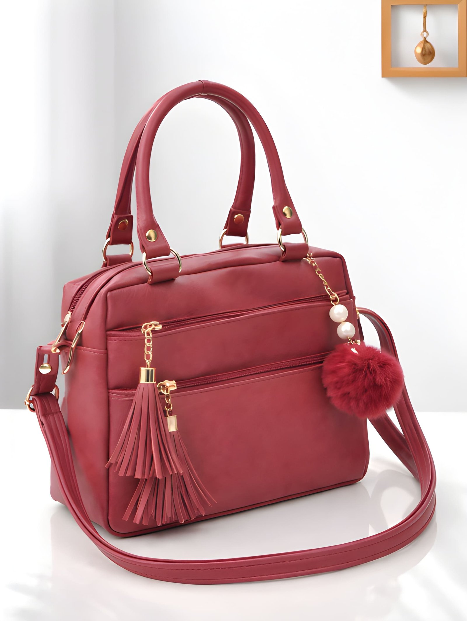 Premium Quality Women’s Stylish Burgundy Handbag | Elegant PU Leather Shoulder & Tote Bag for Ladies | Spacious Multi-Compartment Design with Golden Hardware & Fur Ball Charm | Perfect for Office, Daily Use, Travel & Parties