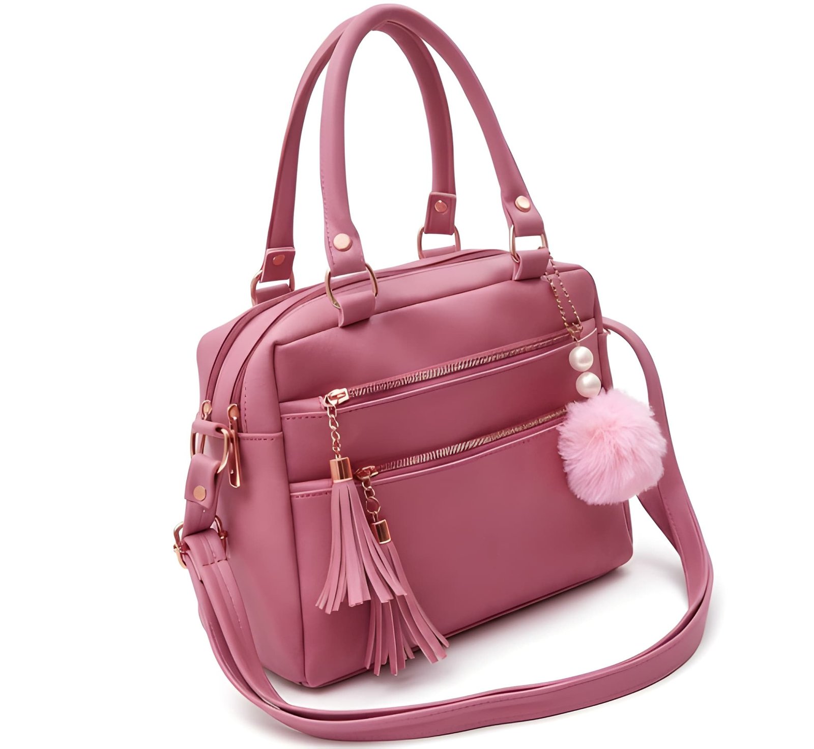 Premium Quality Women’s Stylish Pink Color Handbag | Elegant PU Leather Shoulder & Tote Bag for Ladies | Spacious Multi-Compartment Design with Golden Hardware & Fur Ball Charm | Perfect for Office, Daily Use, Travel & Parties