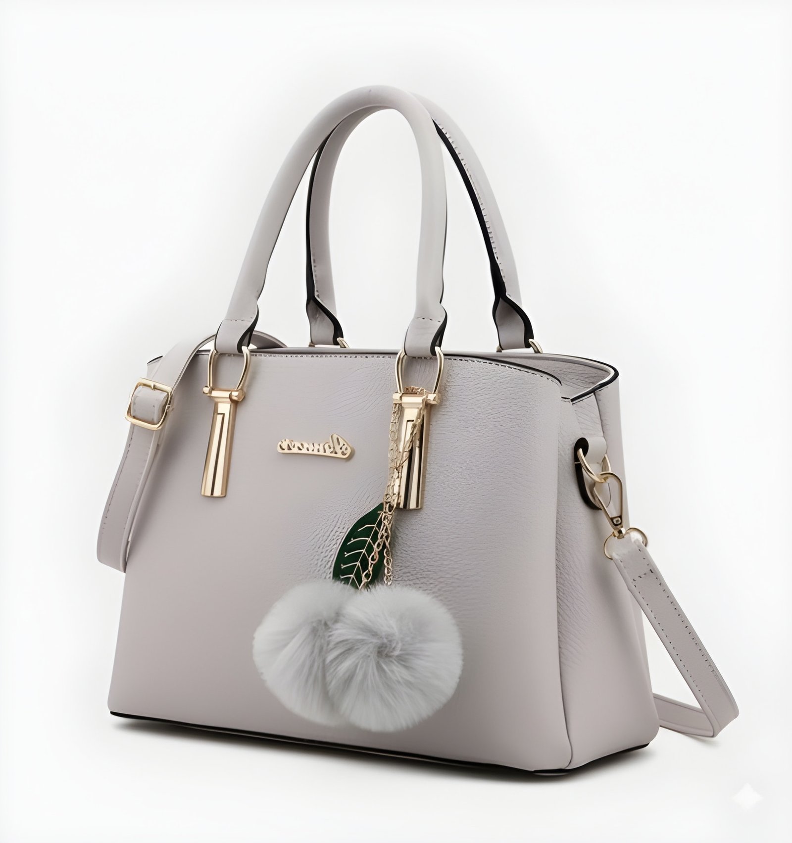 Premium Quality Women’s Stylish Light Grey Handbag | Elegant PU Leather Shoulder & Tote Bag for Ladies | Spacious Multi-Compartment Design with Golden Hardware & Fur Ball Charm | Perfect for Office, Daily Use, Travel & Parties