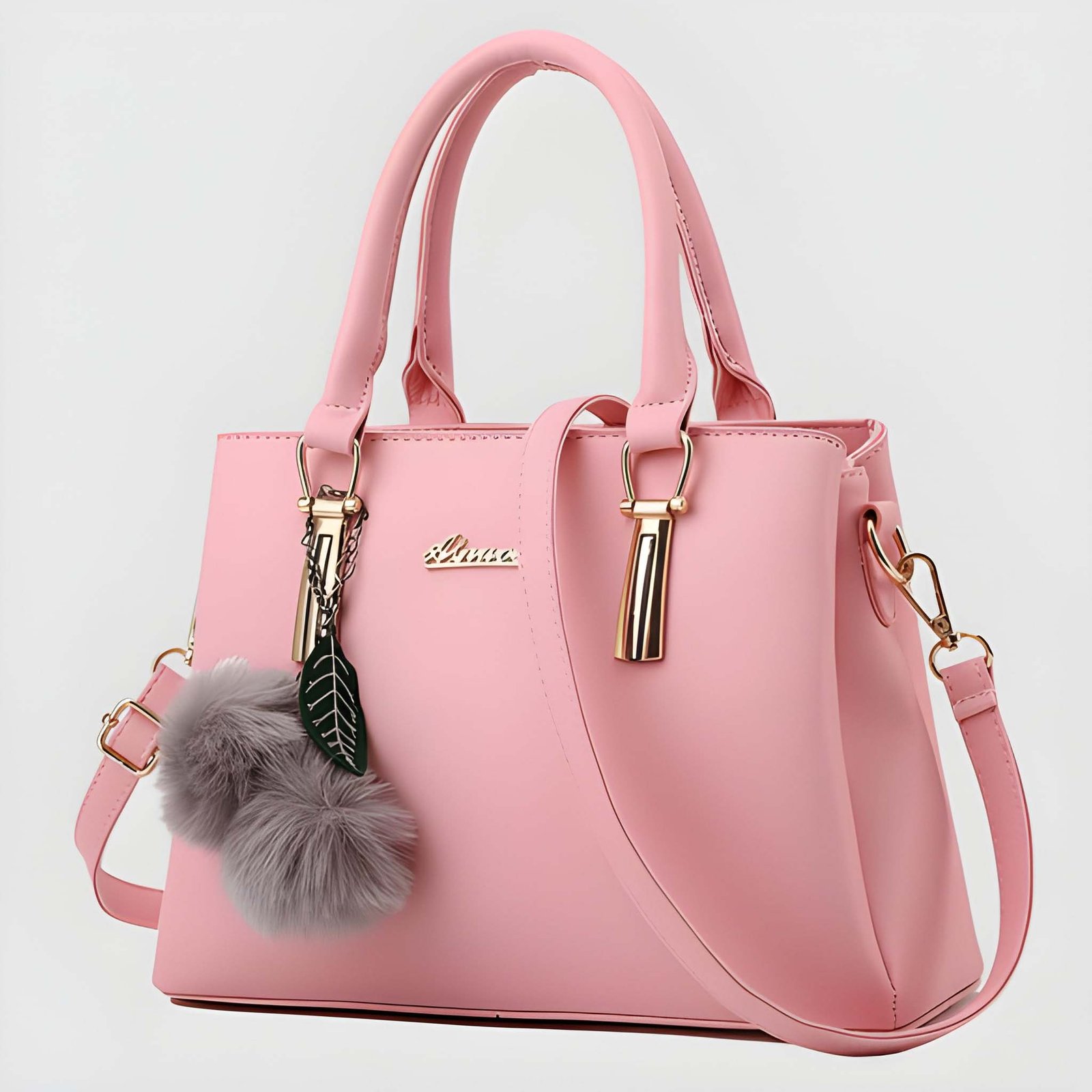 Premium Quality Women’s Stylish Light Pink Handbag | Elegant PU Leather Shoulder & Tote Bag for Ladies | Spacious Multi-Compartment Design with Golden Hardware & Fur Ball Charm | Perfect for Office, Daily Use, Travel & Parties