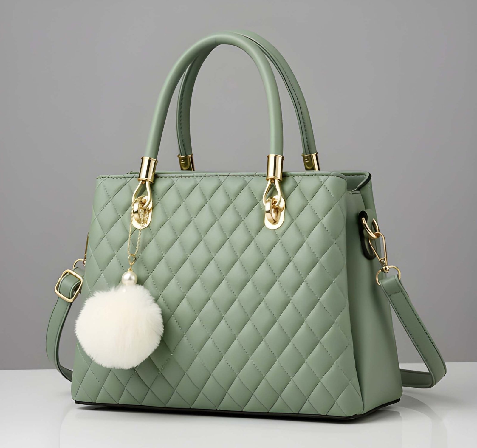 Premium Quality Women’s Stylish Sage Green Handbag | Elegant PU Leather Shoulder & Tote Bag for Ladies | Spacious Multi-Compartment Design with Golden Hardware & Fur Ball Charm | Perfect for Office, Daily Use, Travel & Parties