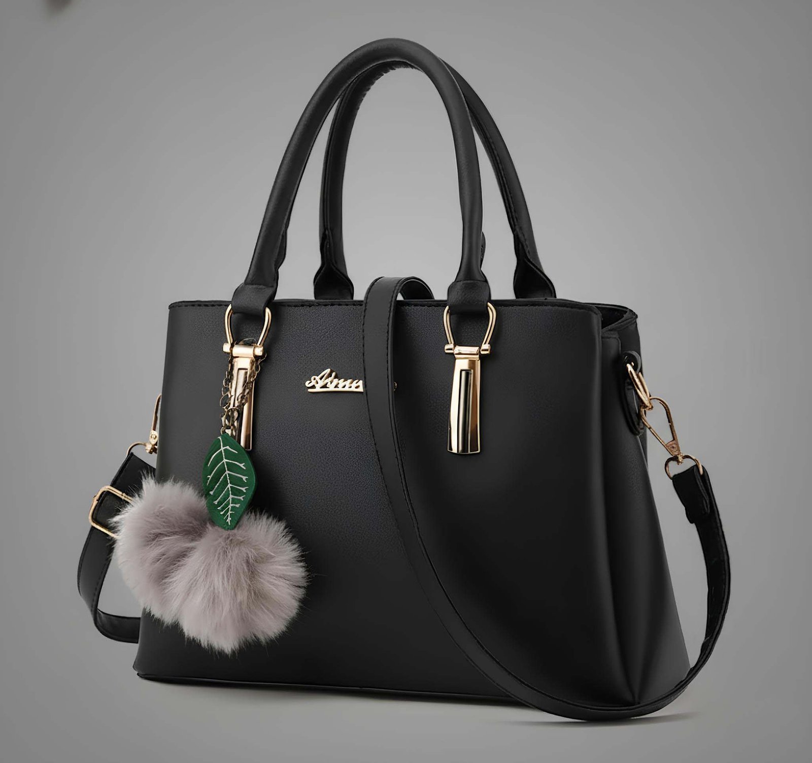 Premium Quality Women’s Stylish Black Color Handbag | Elegant PU Leather Shoulder & Tote Bag for Ladies | Spacious Multi-Compartment Design with Golden Hardware & Fur Ball Charm | Perfect for Office, Daily Use, Travel & Parties