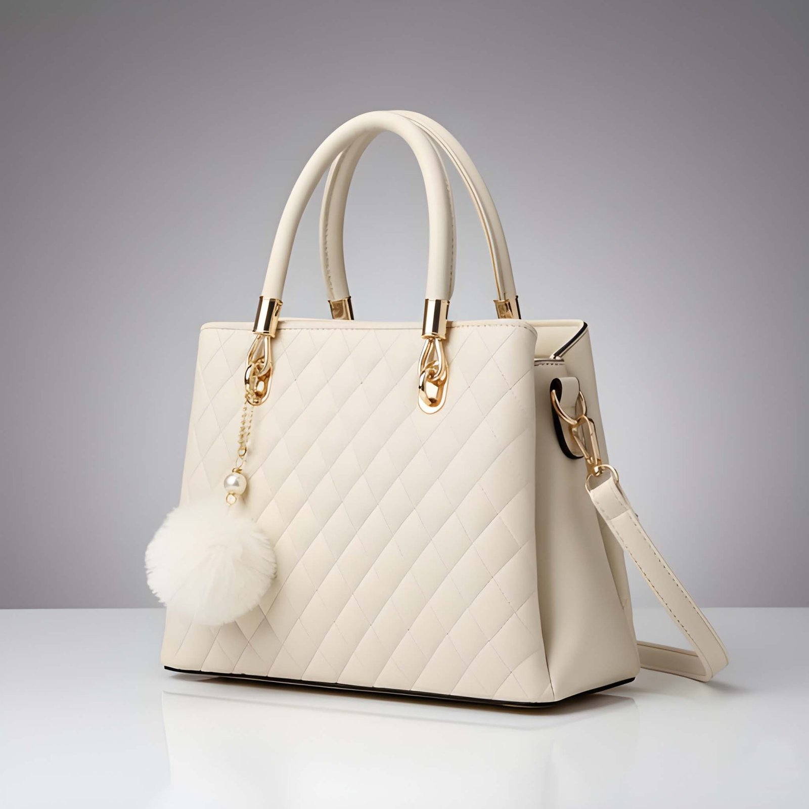 Premium Quality Women’s Stylish Ivory Handbag | Elegant PU Leather Shoulder & Tote Bag for Ladies | Spacious Multi-Compartment Design with Golden Hardware & Fur Ball Charm | Perfect for Office, Daily Use, Travel & Parties