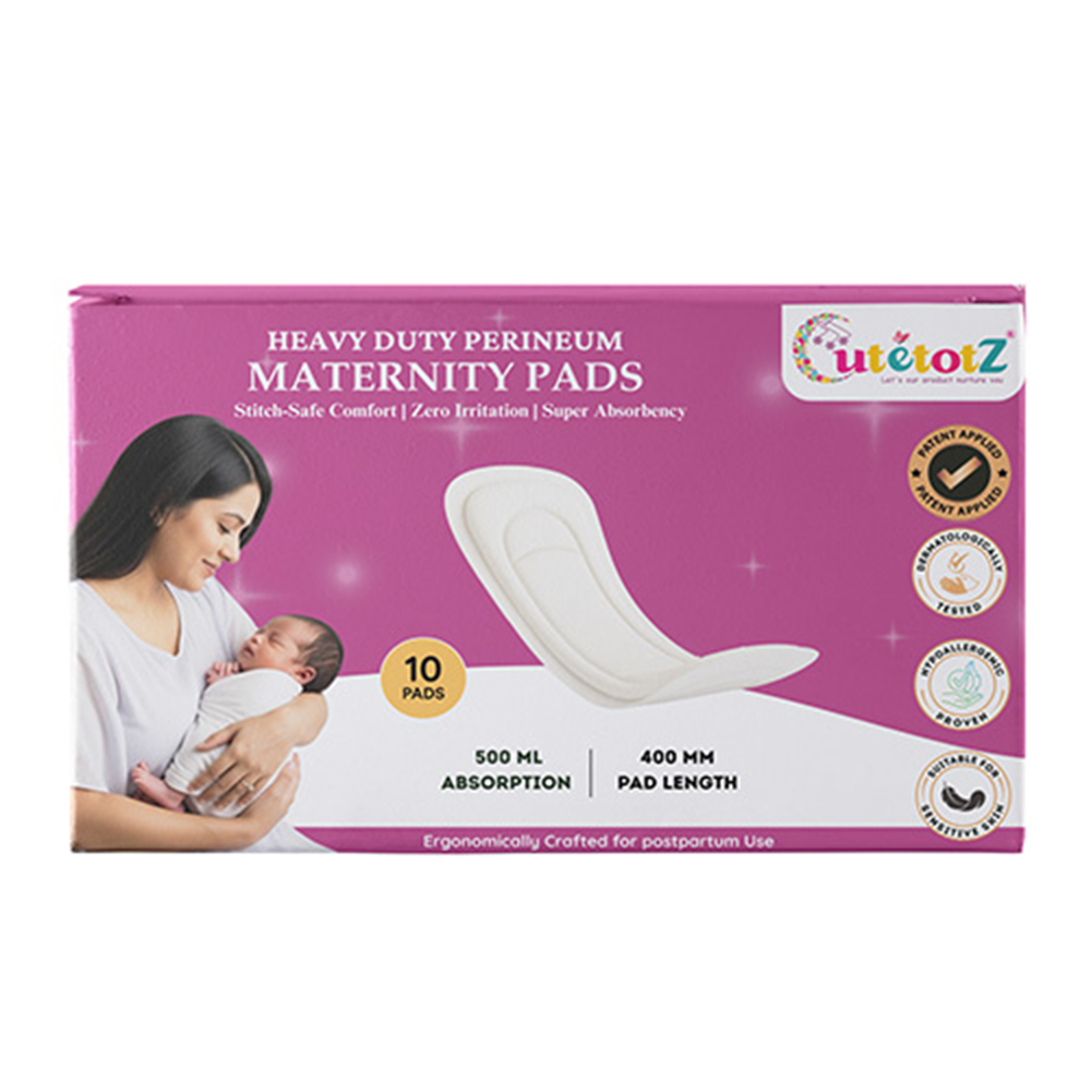 CUTETOTZ Premium Heavy Duty Perineum Maternity Pads | Anatomical Fit | No Wings | 10 Pads/Pack