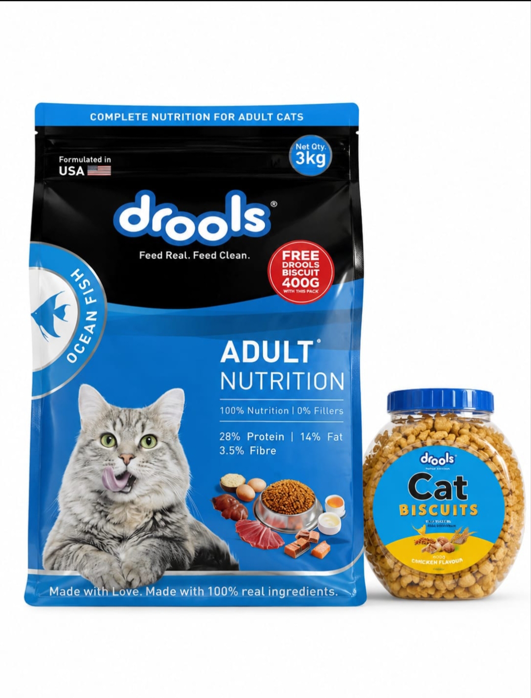 Drools adult cat food 3kg(3kg+ 400gm biscuit free)