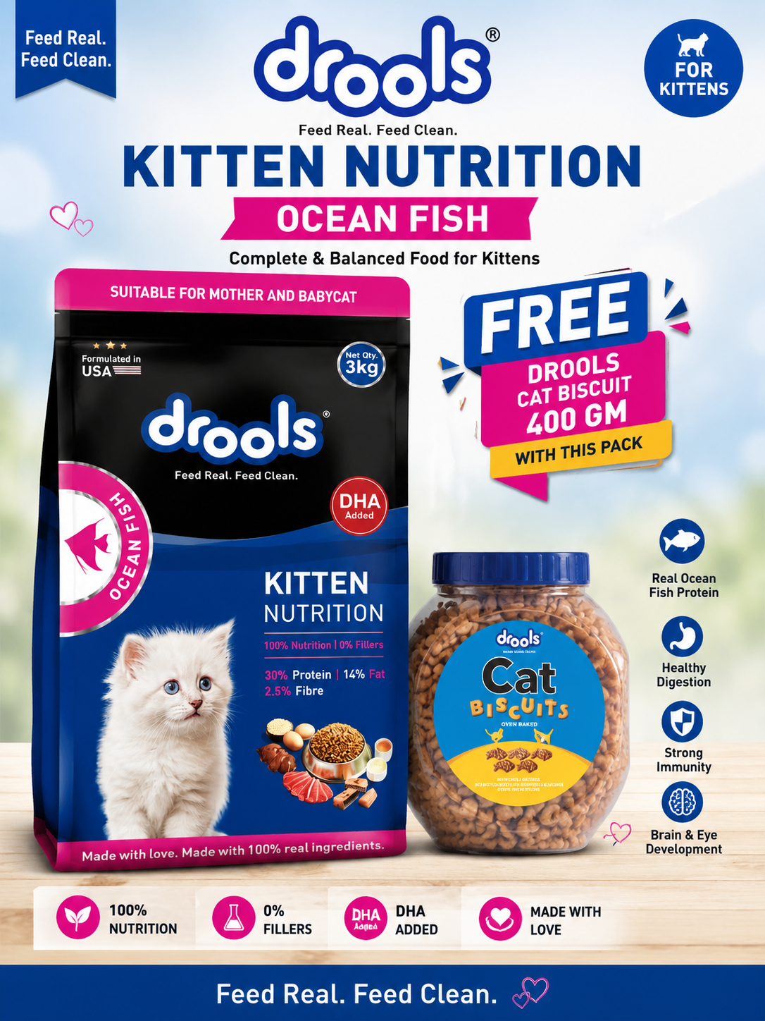 Drools kitten Ocean fish 3kg with drools cat 400gm biscuit free