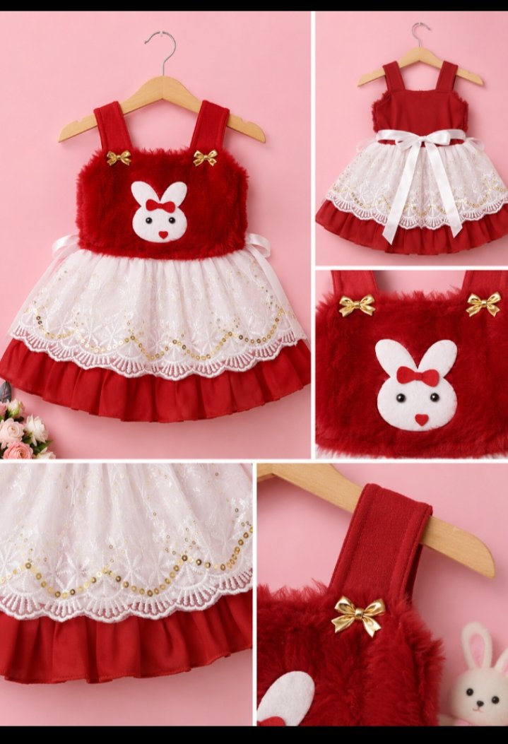 Baby Girls Red Bunny Faux Fur ParCute Bunny Applique Baby Girl Party Dress