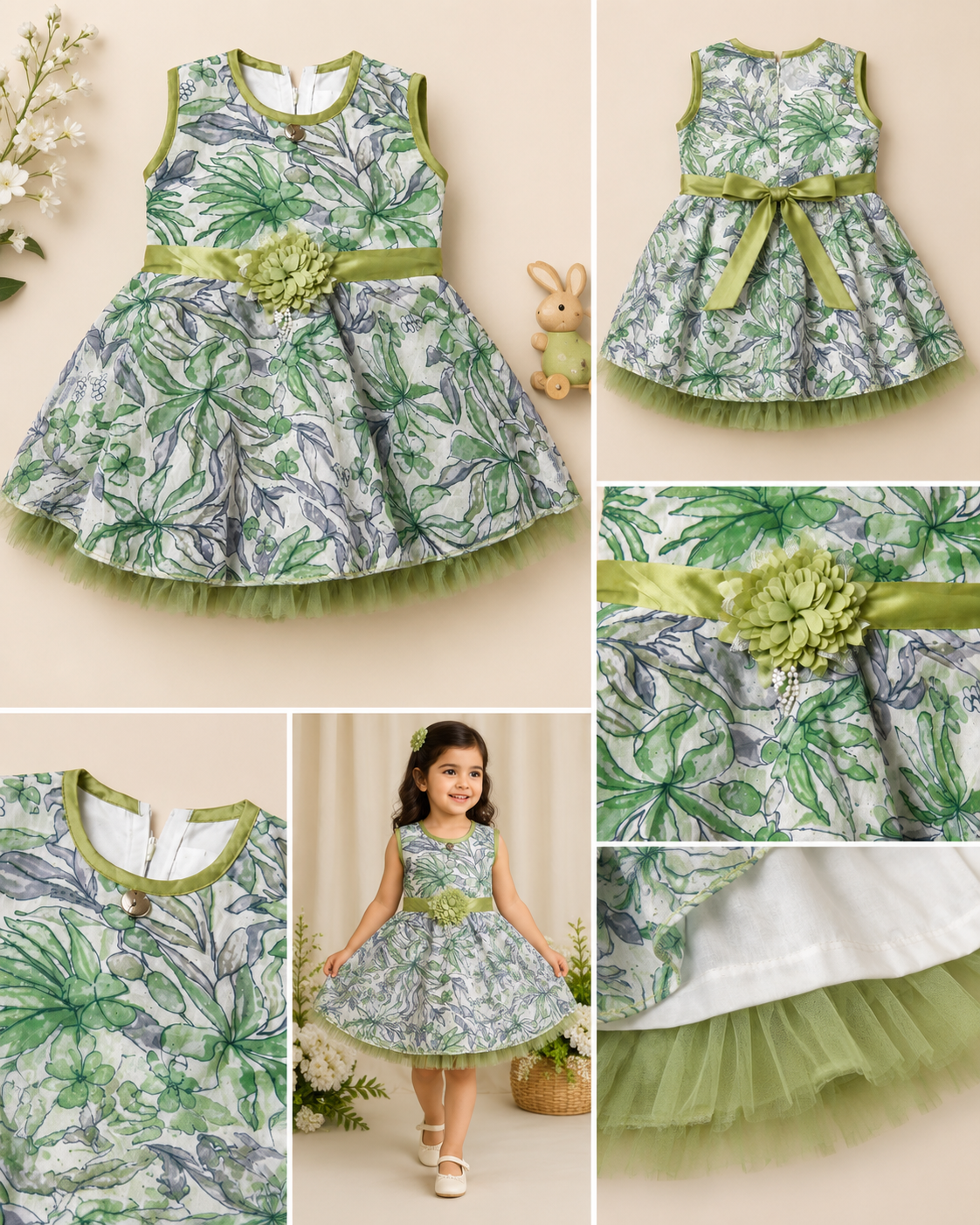 Green Botanical Bloom Girls Party Dress
